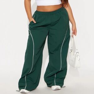 Fashion Nova Dark Green Windbreaker Track Pants with White Piping